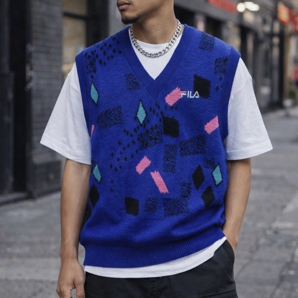 RARE Vtg 80s 90s FILA Sweater Vest ITALY Wool Geometric Streetwear Rave Ski